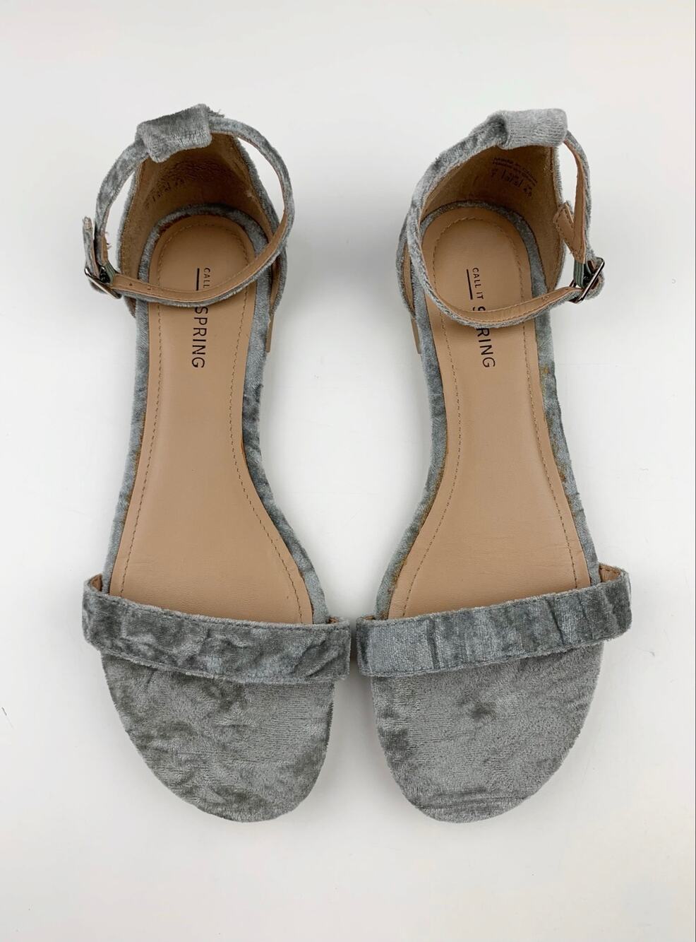 Call It Spring Sandals Grey Crushed Velvet Flats Ankle Strap Women's 7